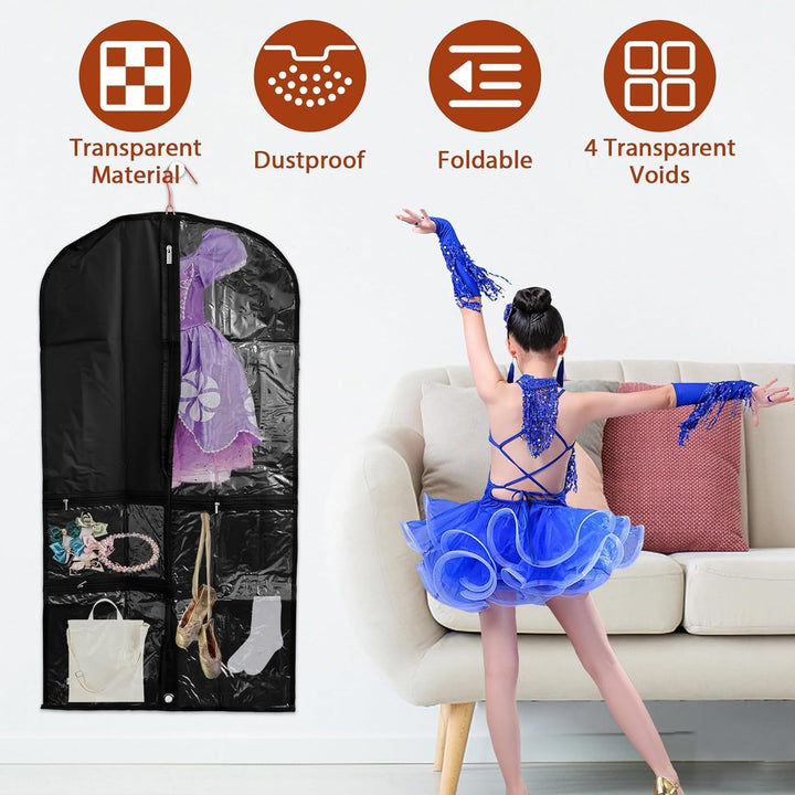 Organize dance costumes with this 5-pack of clear garment bags. Perfect for protective storage, travel, and theatre.