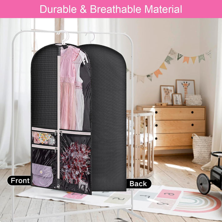 Five protective garment bags with clear windows for storing multiple dance costumes, theatre wear & apparel.