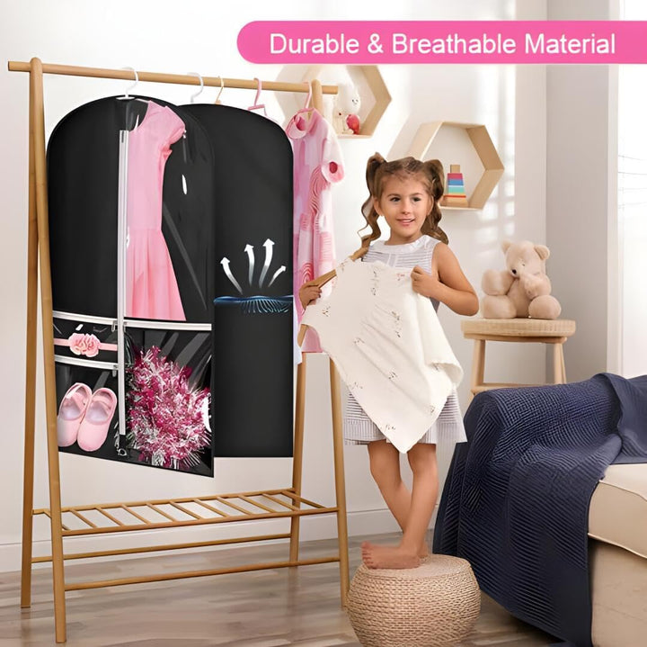 See-through garment bags, 5-pack, for dance & theatre costumes. Keep outfits organized, protected, and visible.
