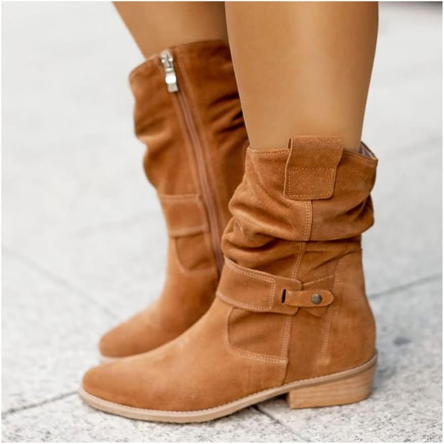 Classic black women's knee-high boots featuring a comfortable block heel & stylish strap accents.