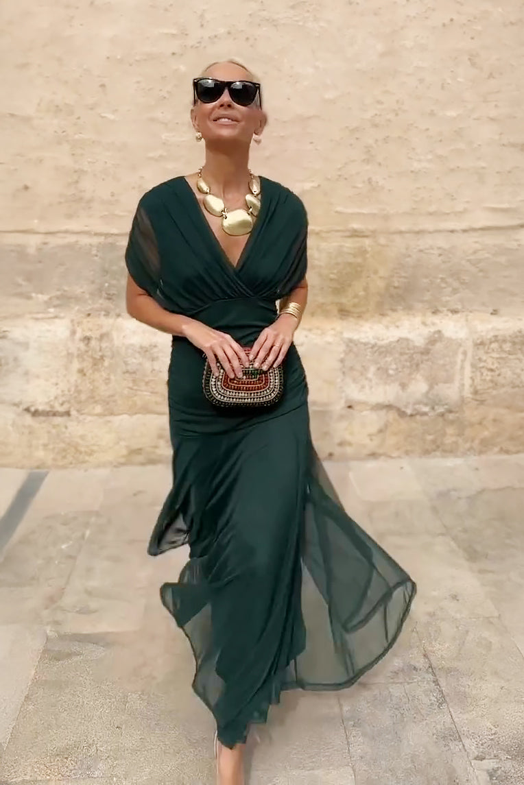 Women's elegant party maxi dress with V-neck, ideal for formal occasions & evening events.