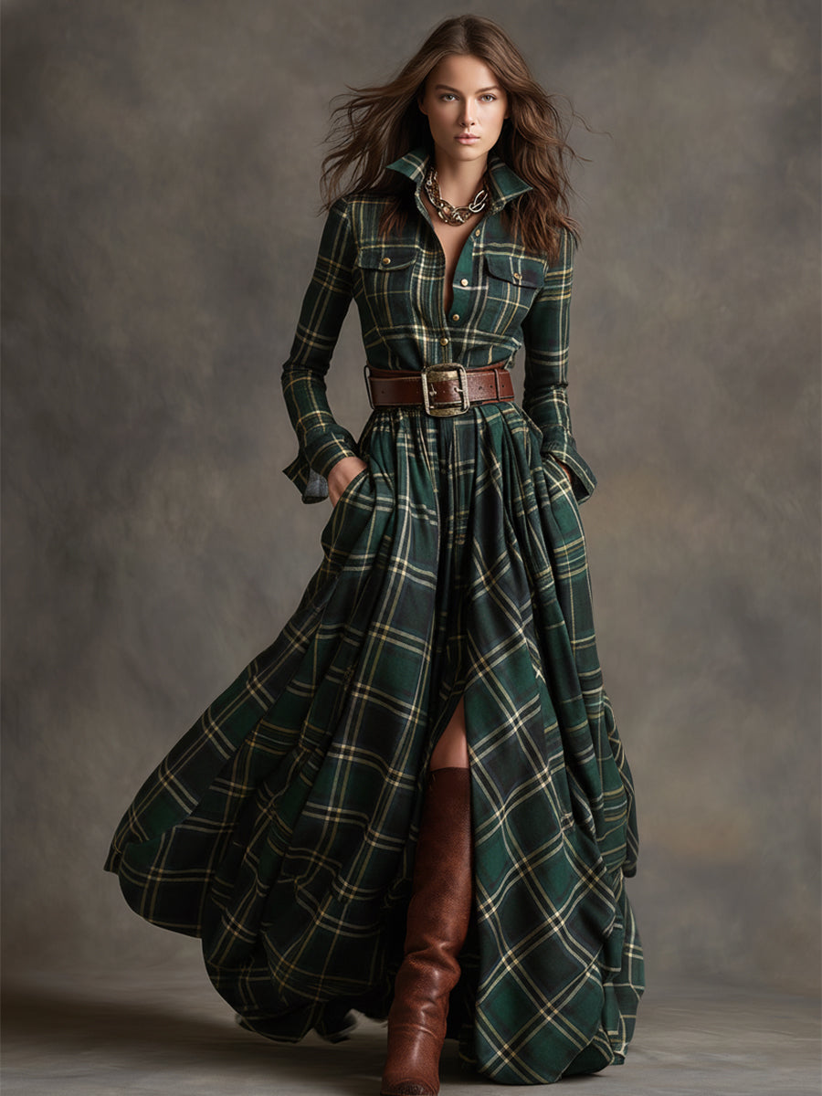 Modern women's elegant belted maxi shirt dress, perfect for a refined and comfortable look.
