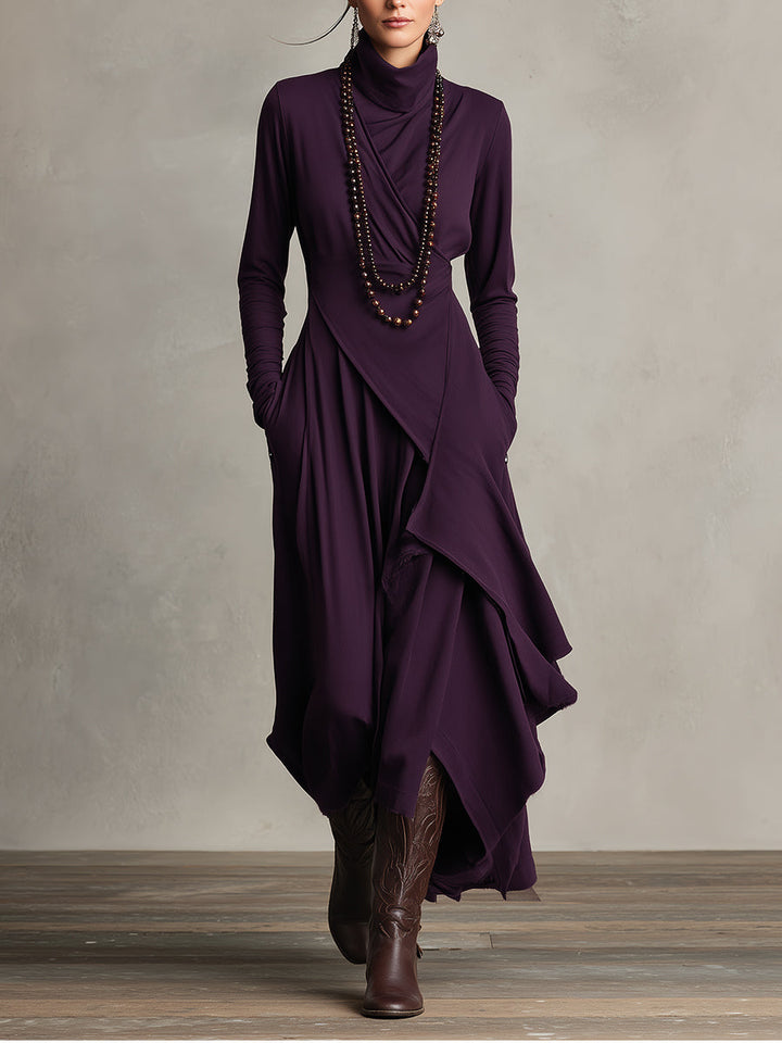 Elegant women's draped turtleneck midi dress with long sleeves for autumn/winter fashion.