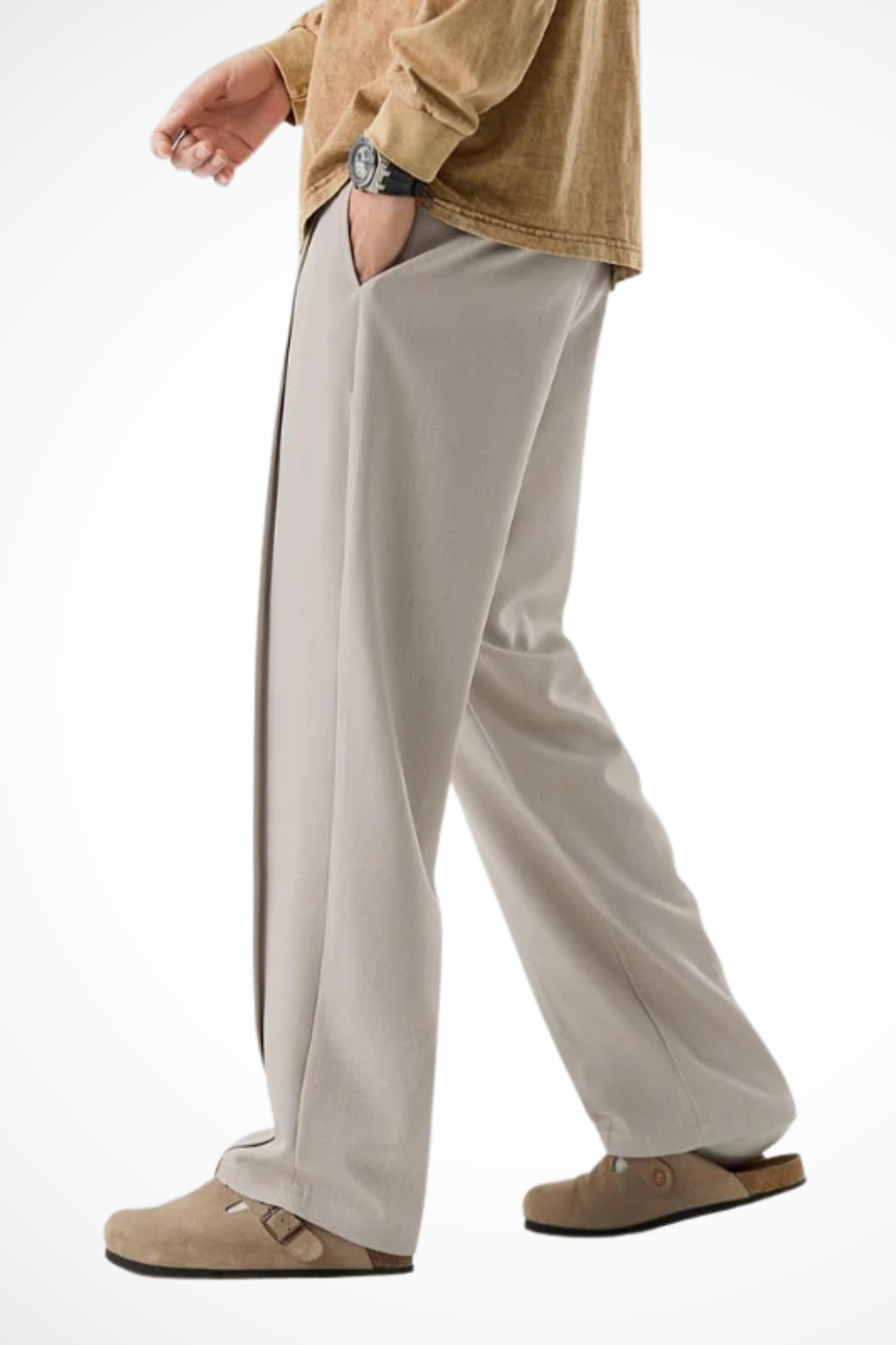 Fashionable men's bottoms: wide leg tailored trousers with elegant front pleats & straight hem.