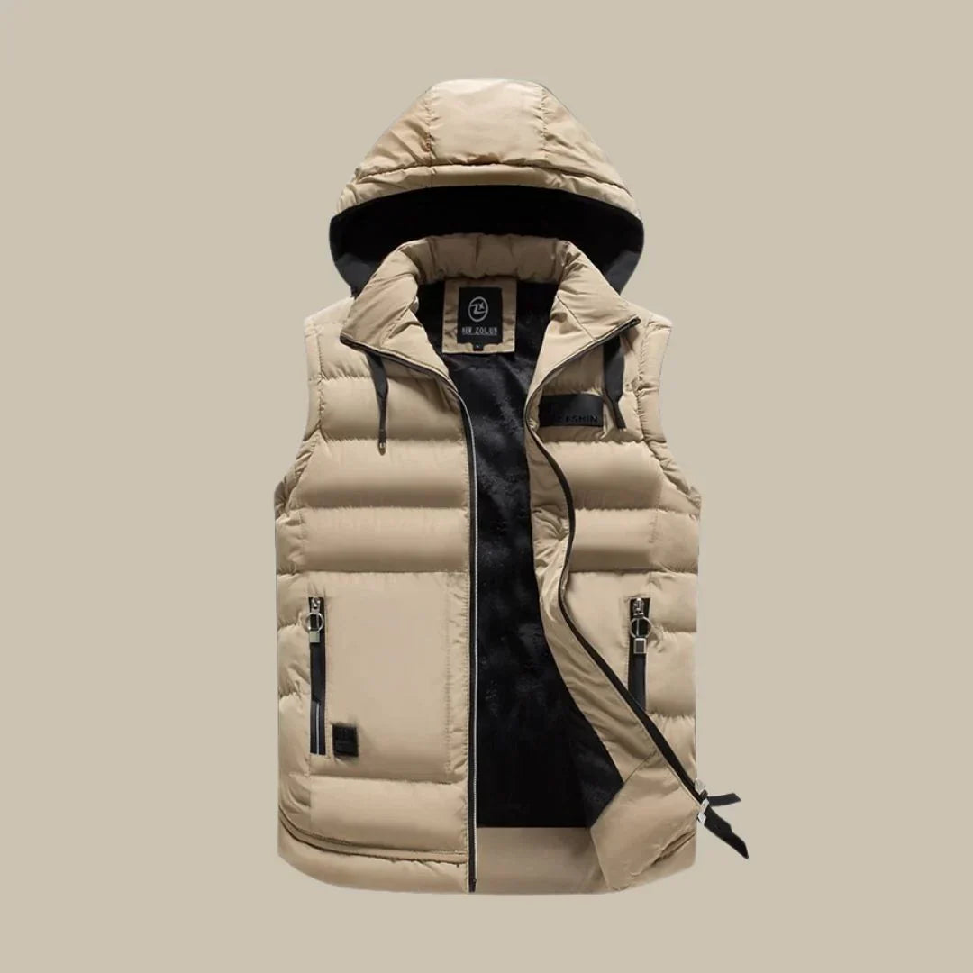 Durable men's padded bodywarmer, designed for outdoor adventures & comfortable cold weather layering.