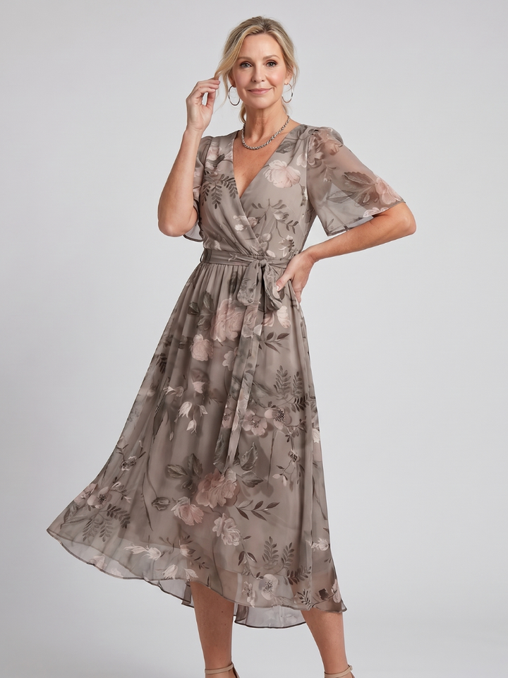Elegant women's midi dress, all-over floral print, with charming flutter sleeves & a gathered waist.