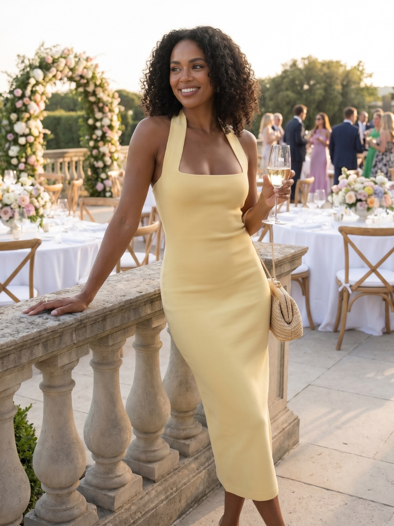 Stylish women's halter neck cocktail midi dress with a sleek fitted design, perfect for party & special occasions.