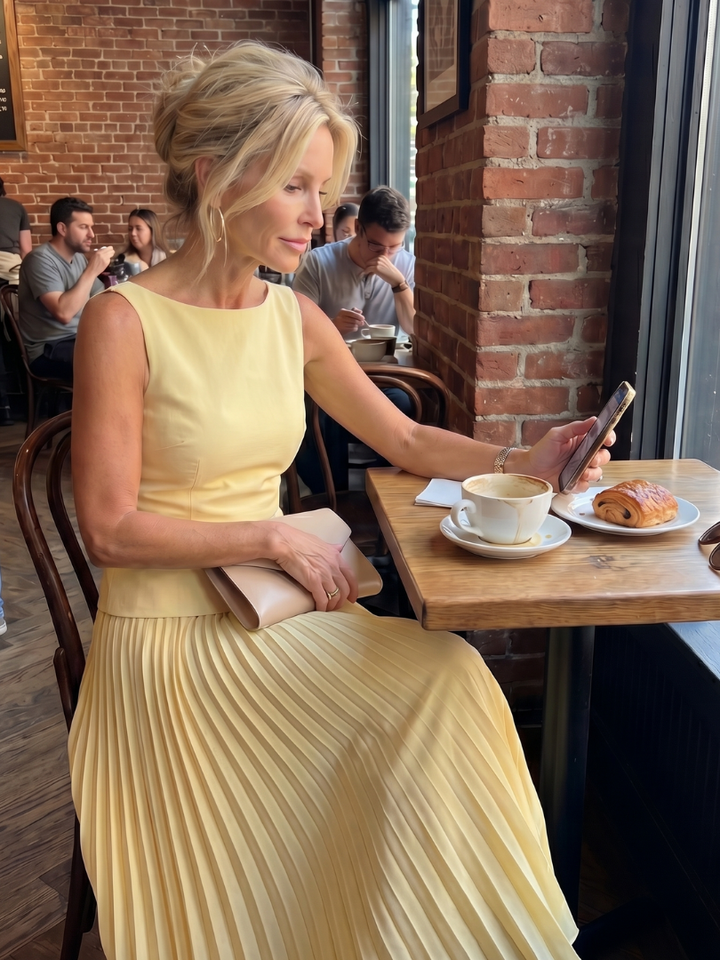 Women's sleeveless structured top & pleated skirt matching set. Elegant and chic versatile outfit.