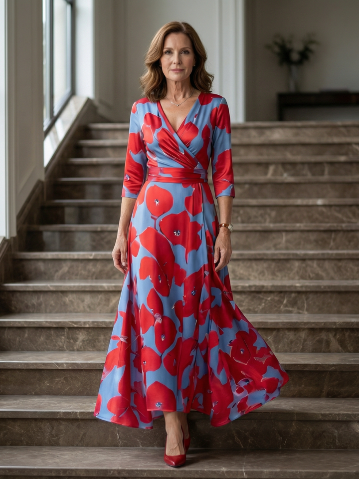 Back view of elegant women's floral midi dress, showing wrap detail, perfect for summer events.