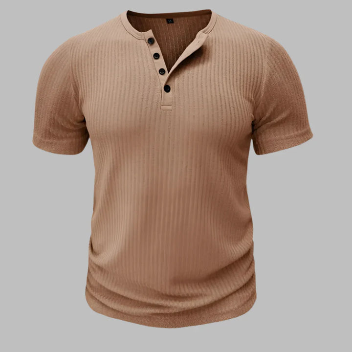 Men's workout top: muscle-fit Henley t-shirt, short sleeve, ideal for gym or versatile everyday fashion.