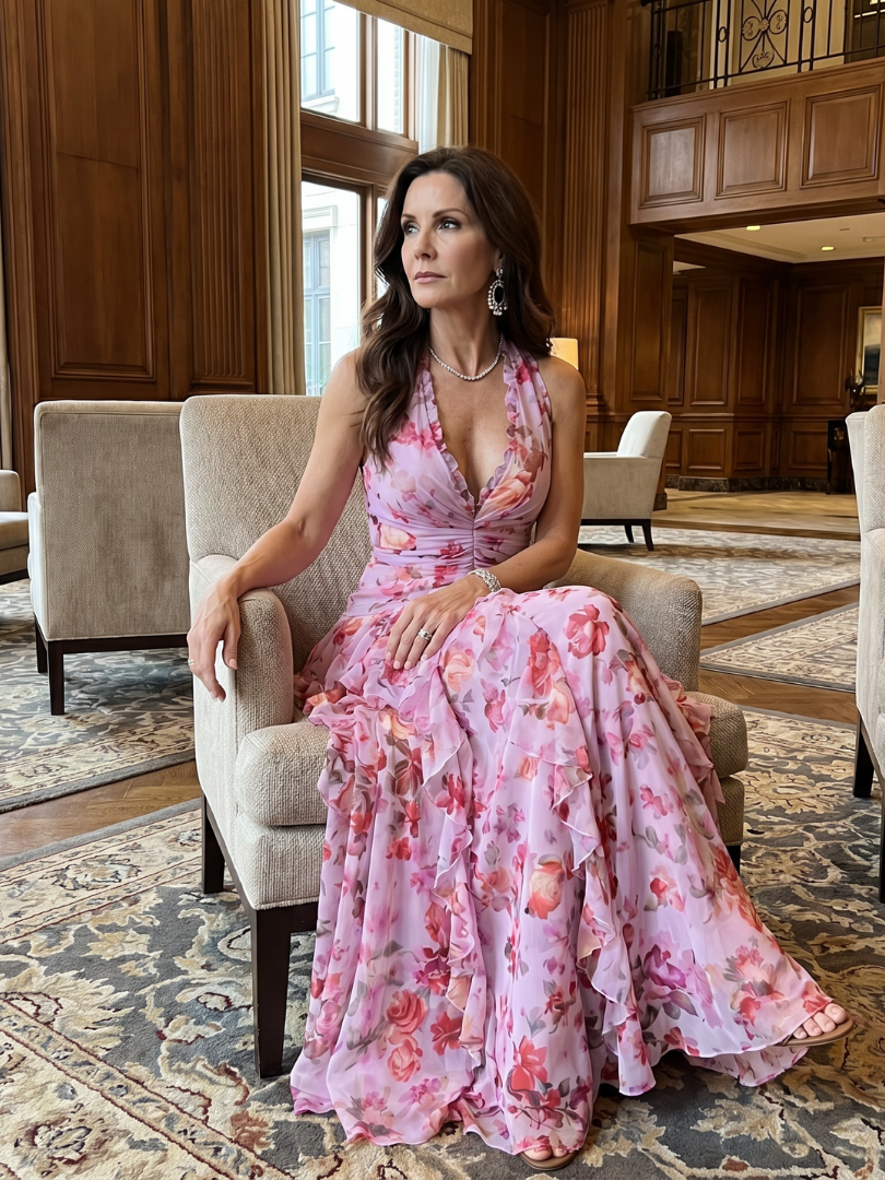 Stunning halter neck ruched floral maxi dress for women, featuring a delicate ruffle skirt & elegant design. [[lstfy-media:5]]