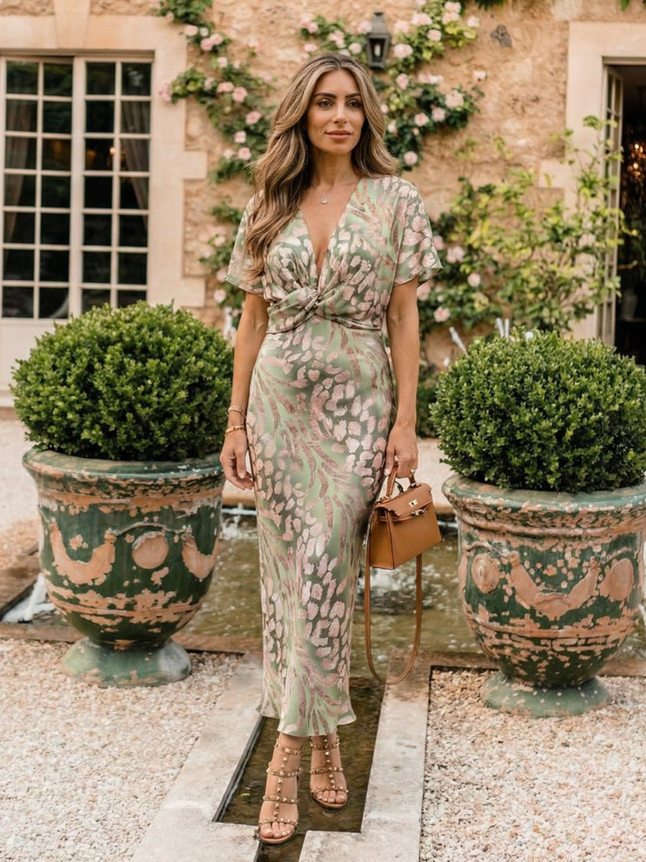 Elegant women's abstract print midi dress. Features a sophisticated twist waist, V-neckline, and comfortable short sleeves.