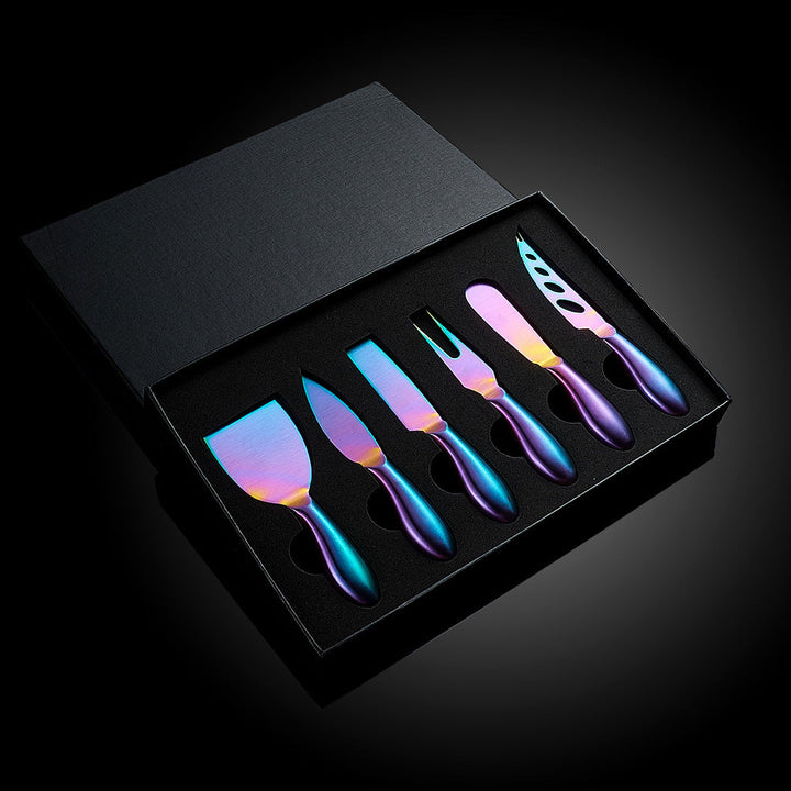 Elegant 6-piece stainless steel cheese knife set, designed for sophisticated gourmet presentations.