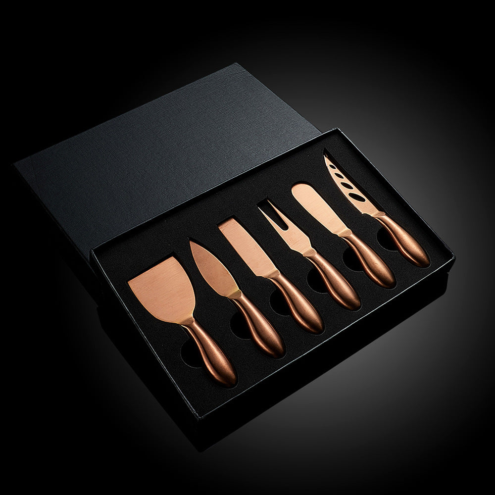 Shiny 6-piece stainless steel cheese knife set, enhancing your cheese board experience.