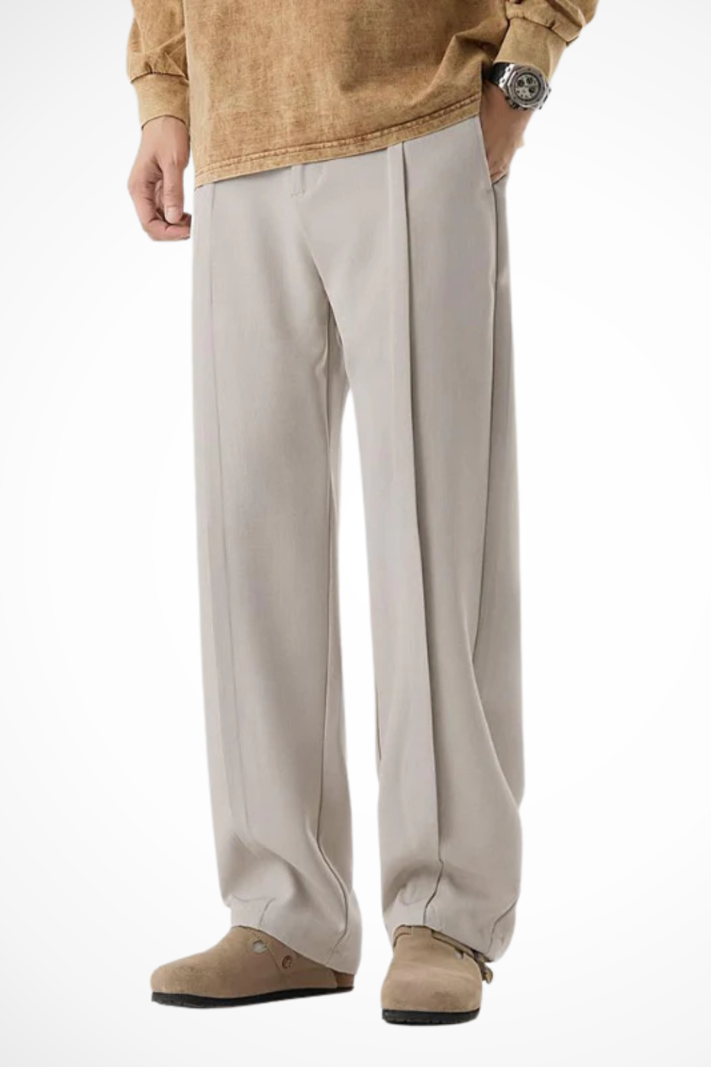 Men's straight hem wide leg trousers, expertly tailored with stylish front pleats. Modern look.