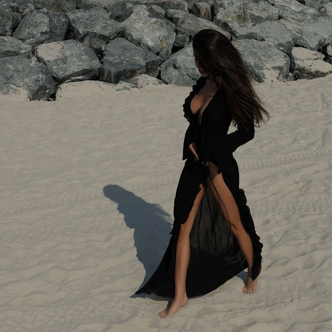 Stylish women's long sleeve maxi beach dress. Elegant, comfortable and flowy for resort, vacation, or casual summer days.