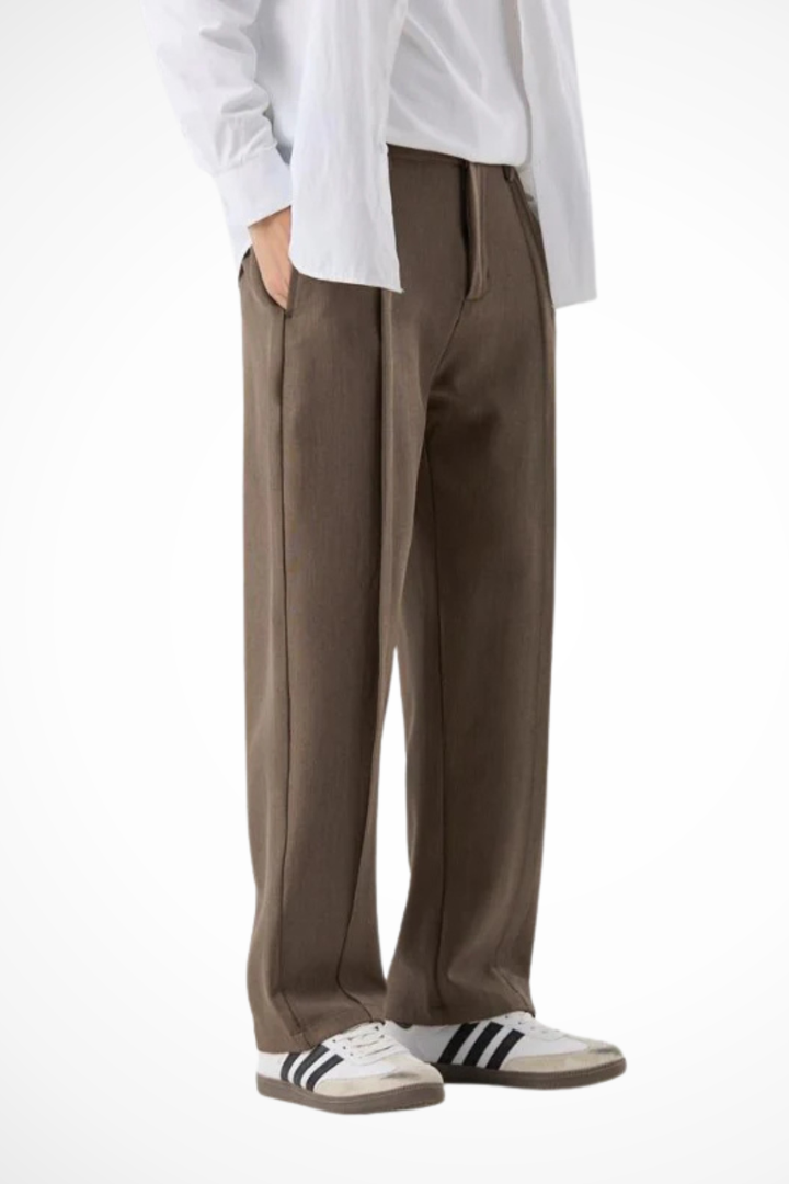 Men's wide leg tailored trousers with front pleats & straight hem. Smart casual fashion bottom.