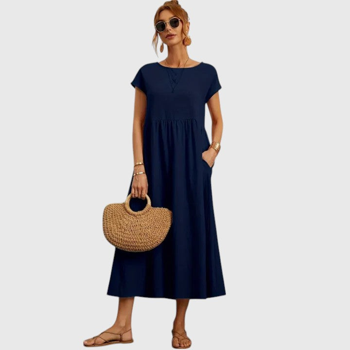 Chic & comfy women's midi dress with short sleeves & pockets, perfect for effortless everyday style.