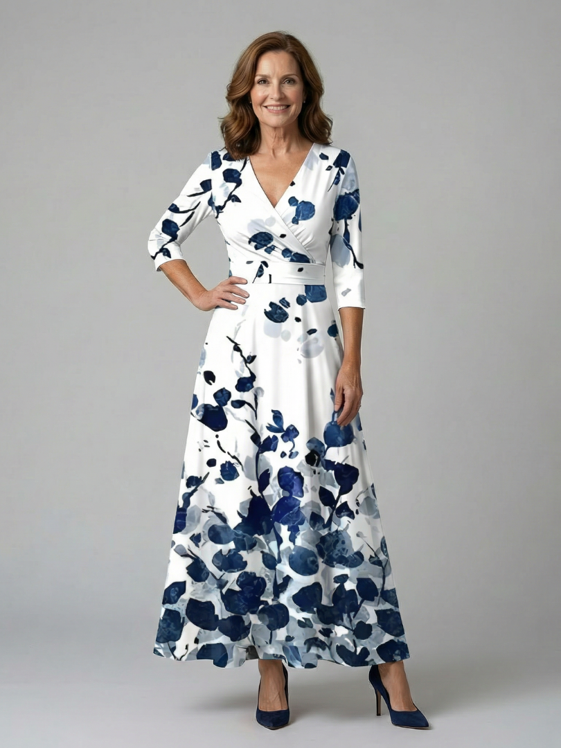 Soft, flowing elegant floral midi wrap dress, quality fabric, women's spring fashion.
