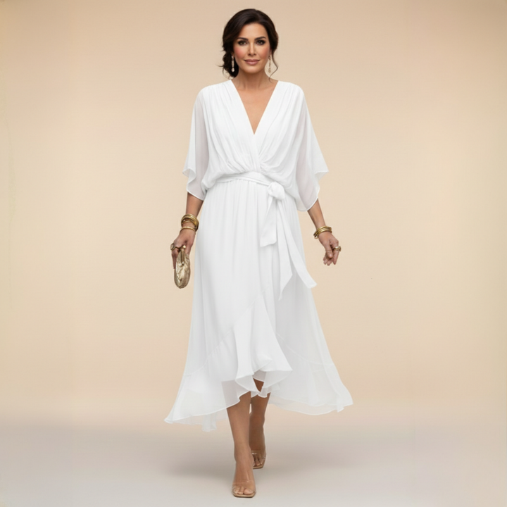 Sophisticated women's V-neck flowy sleeve dress, a fashionable choice for evening events.