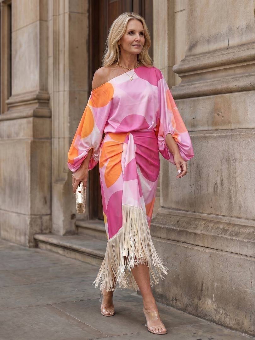 Unique and elegant women's midi dress with abstract print, off-shoulder, long sleeves, and chic fringe detailing.