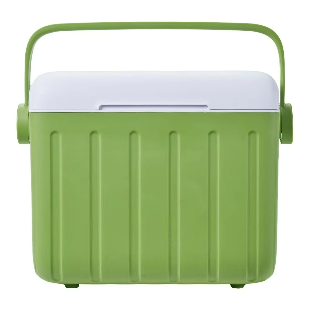 Green 6L insulated cooler box, ideal for camping gear, storing food, and keeping drinks cold on outdoor trips.