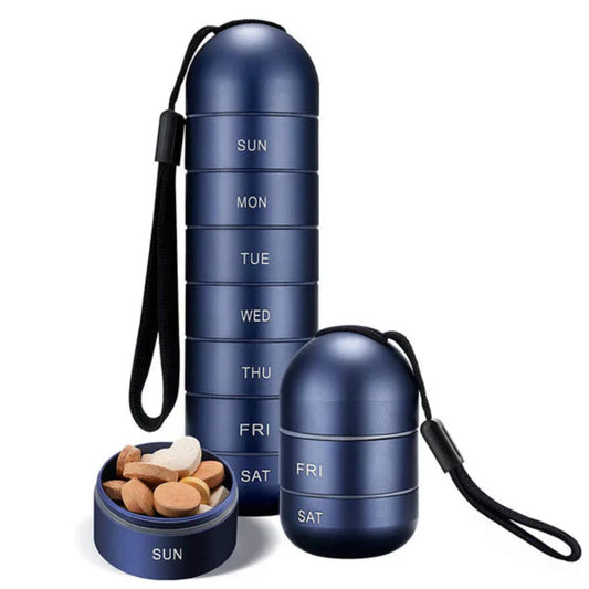 7-day aluminum portable pill organizer box, waterproof, for weekly medication storage and travel