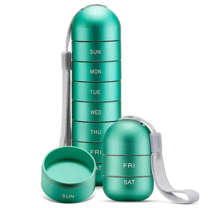 Eco-friendly aluminum pill case with 7 compartments, ideal for daily medication management on the go