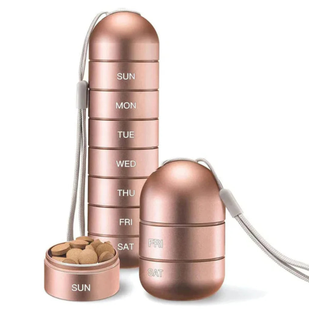 Silver aluminum pill organizer, 7-day design for health accessory, secure and eco-friendly