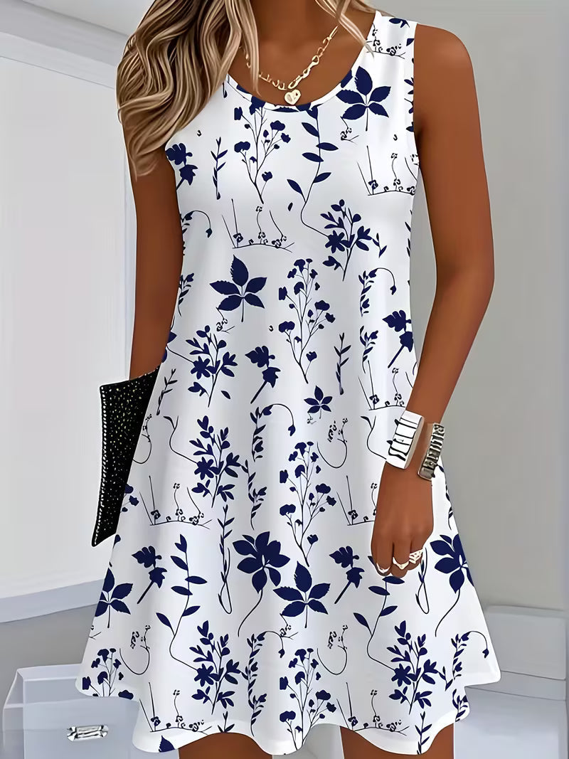 Elegant women's floral sleeveless mini dress, perfect for summer casual outings and warm weather fashion.
