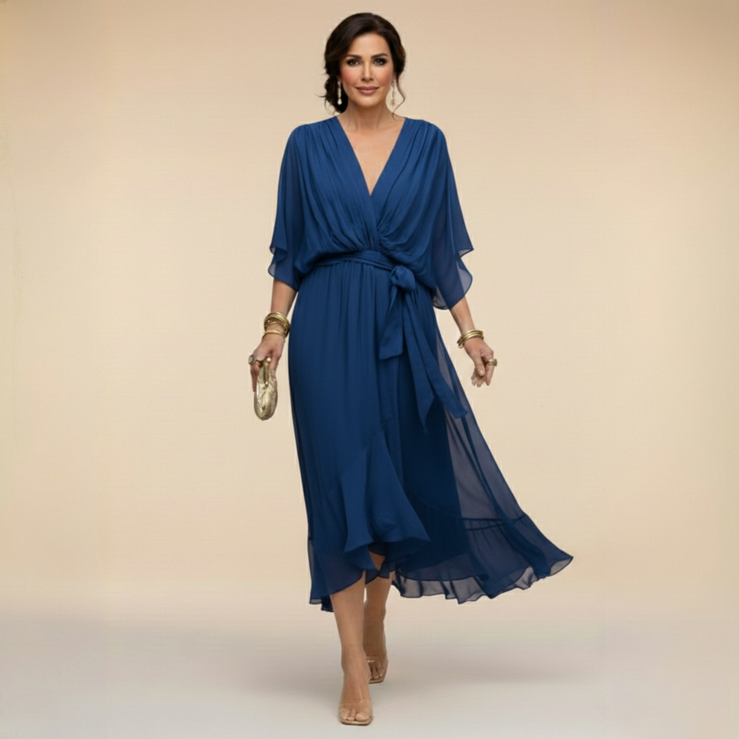 Flowing V-neck women's midi dress with elegant sleeves, comfortable for special occasion wear.