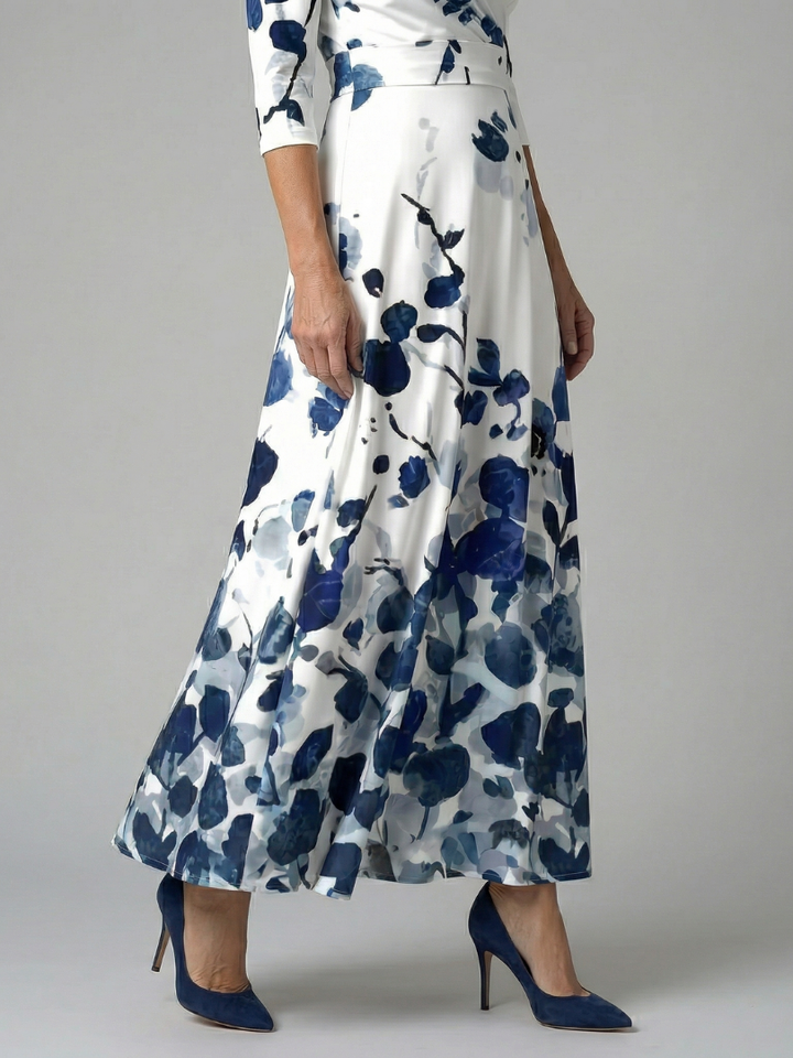 Classic elegant floral wrap midi dress, timeless V-neck design for sophisticated women.