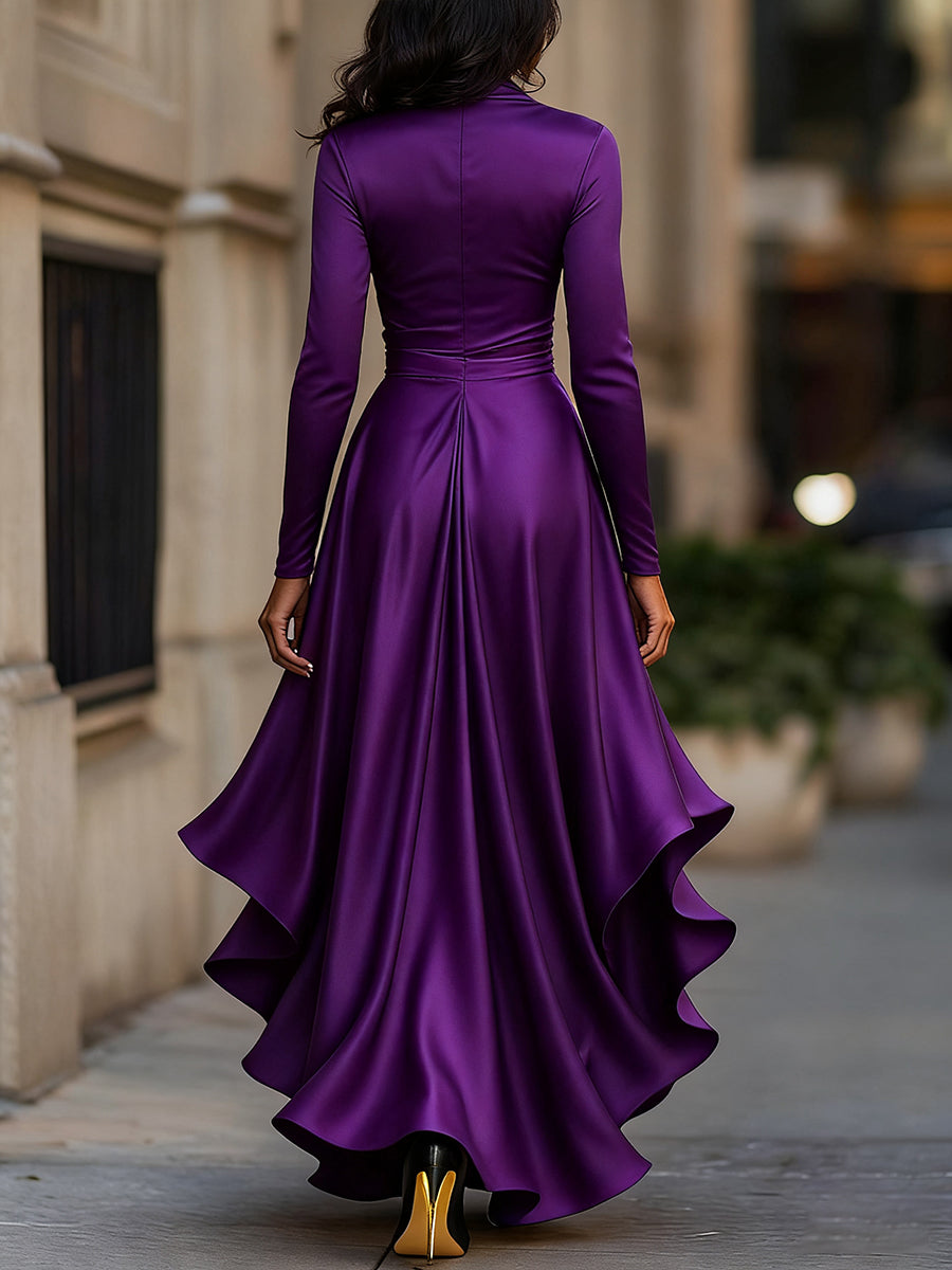 Chic women's pleated ruffle maxi dress, long sleeve V-neck. Elegant fashion for formal occasions.