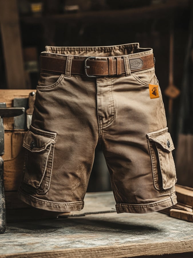 Khaki men's cargo utility pants, designed for comfortable outdoor casual wear and adventure gear.