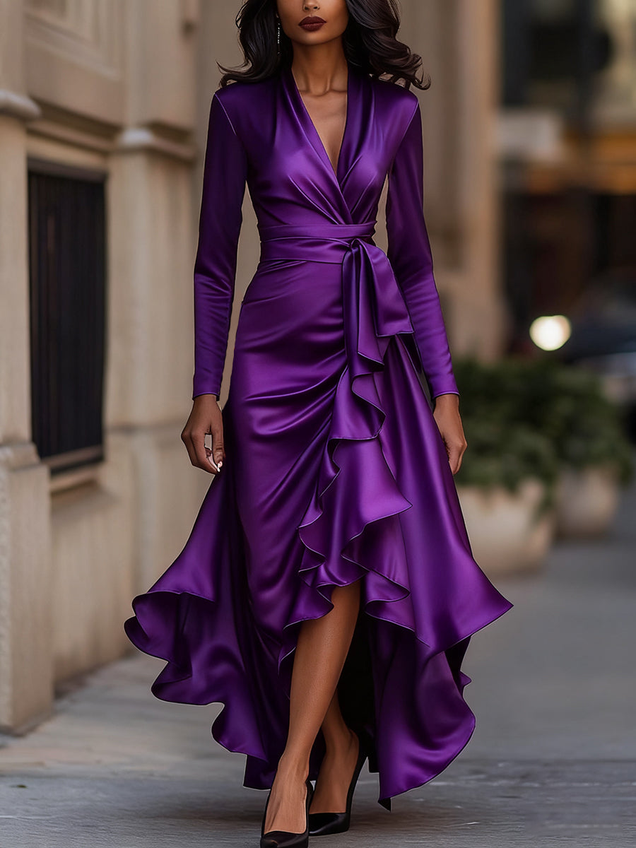 Versatile women's pleated ruffle maxi dress, long sleeve V-neck, for formal & elegant events.