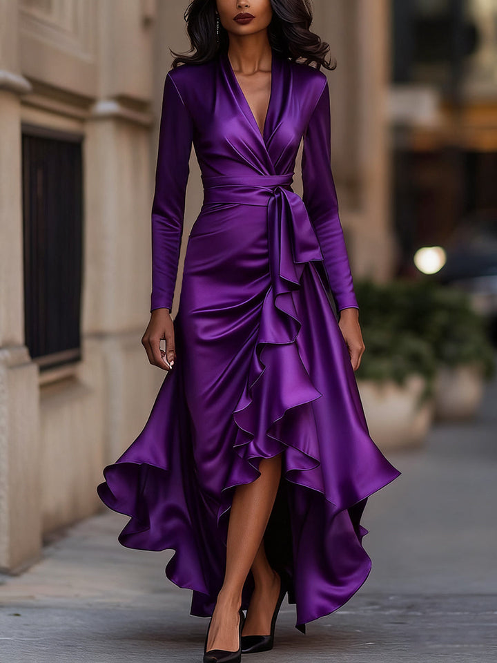 Versatile women's pleated ruffle maxi dress, long sleeve V-neck, for formal & elegant events.