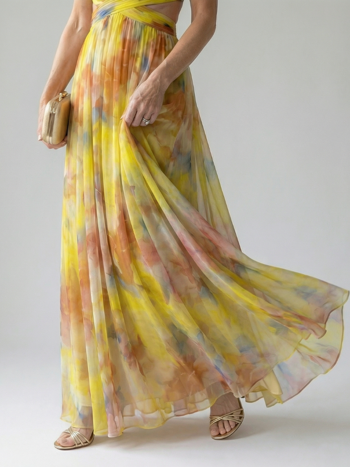 Stylish women's sleeveless wrap maxi dress, vibrant and flowy, great for summer vacation.