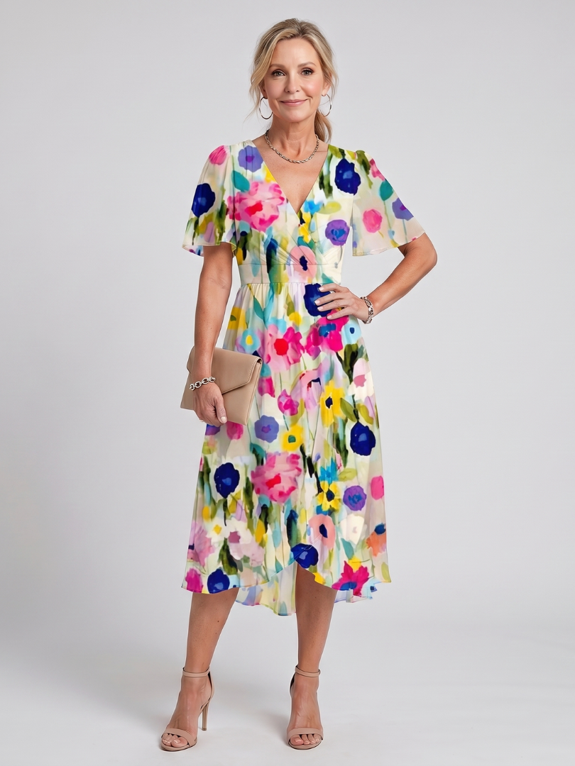 Women's summer midi dress in a beautiful floral print, short flutter sleeves, and a flattering v-neck.