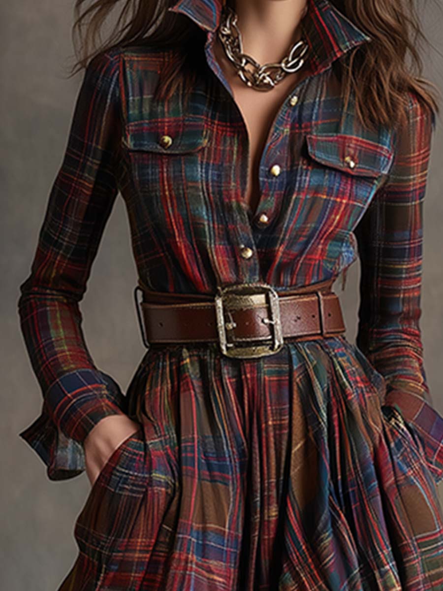Sophisticated women's plaid belted maxi dress, features long sleeves and a chic shirt style.