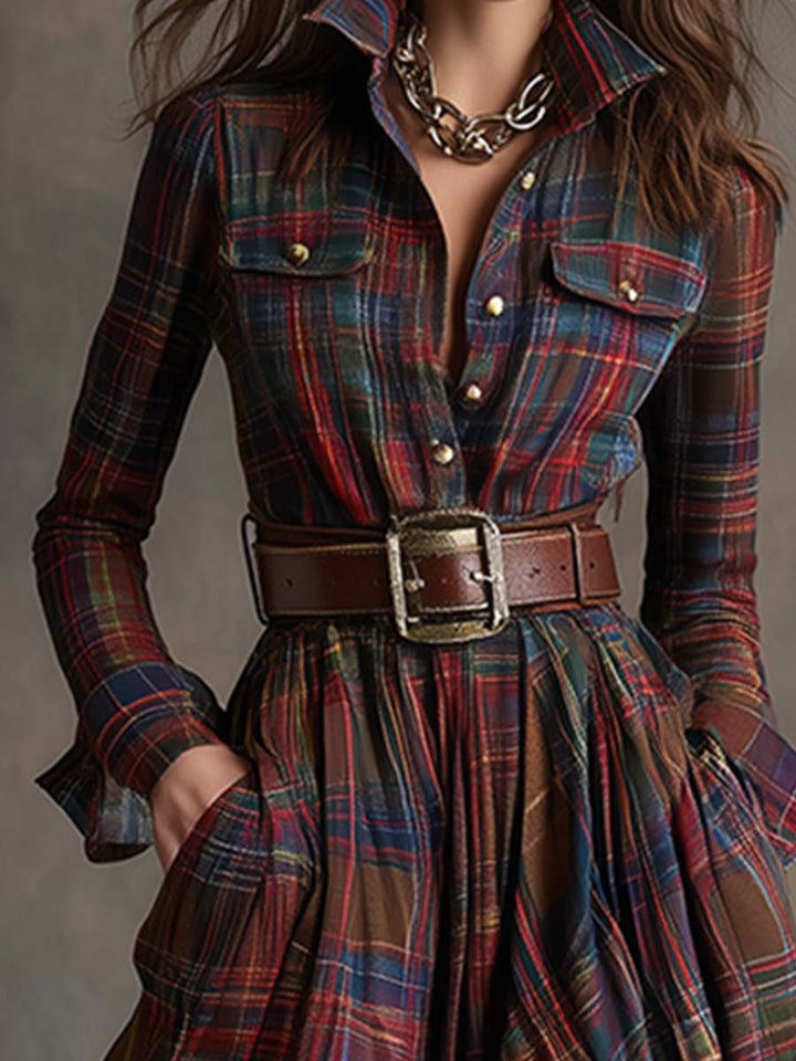 Sophisticated women's plaid belted maxi dress, features long sleeves and a chic shirt style.