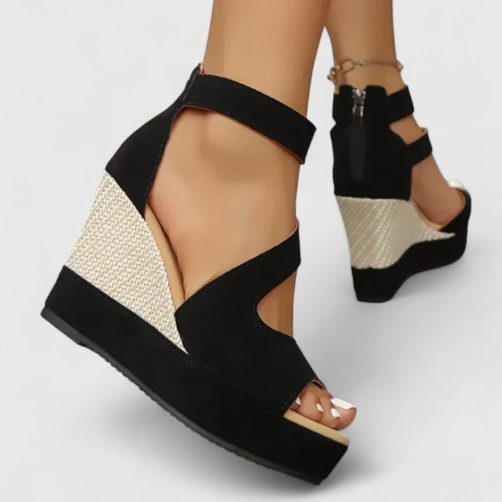 Comfortable black orthopedic wedge sandals for women, designed for all-day wear with superior arch support.