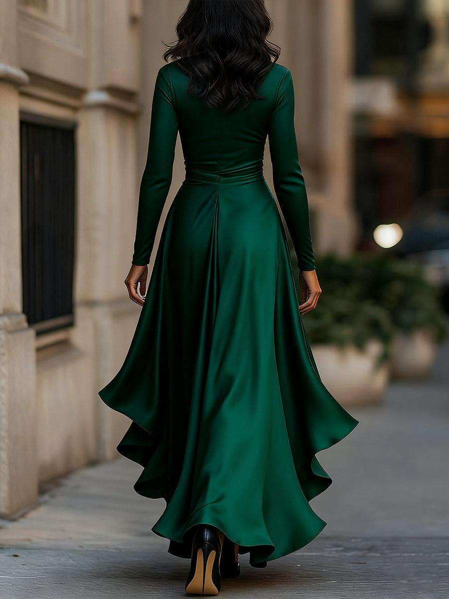 Full length women's pleated maxi dress, elegant ruffle hem, V-neck, long sleeves. Formal occasion wear.