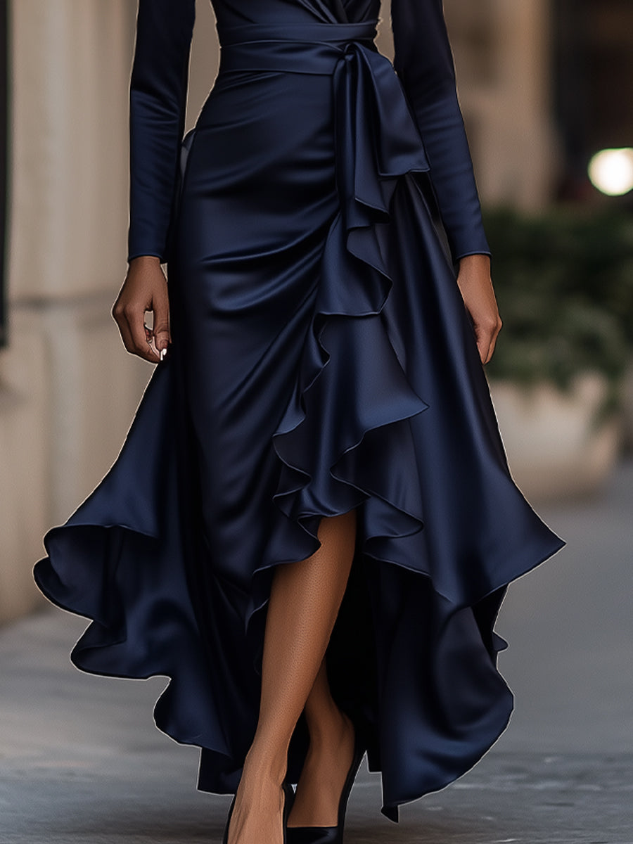 Stylish women's pleated maxi dress with ruffle details, long sleeves & V-neck for elegant fashion.