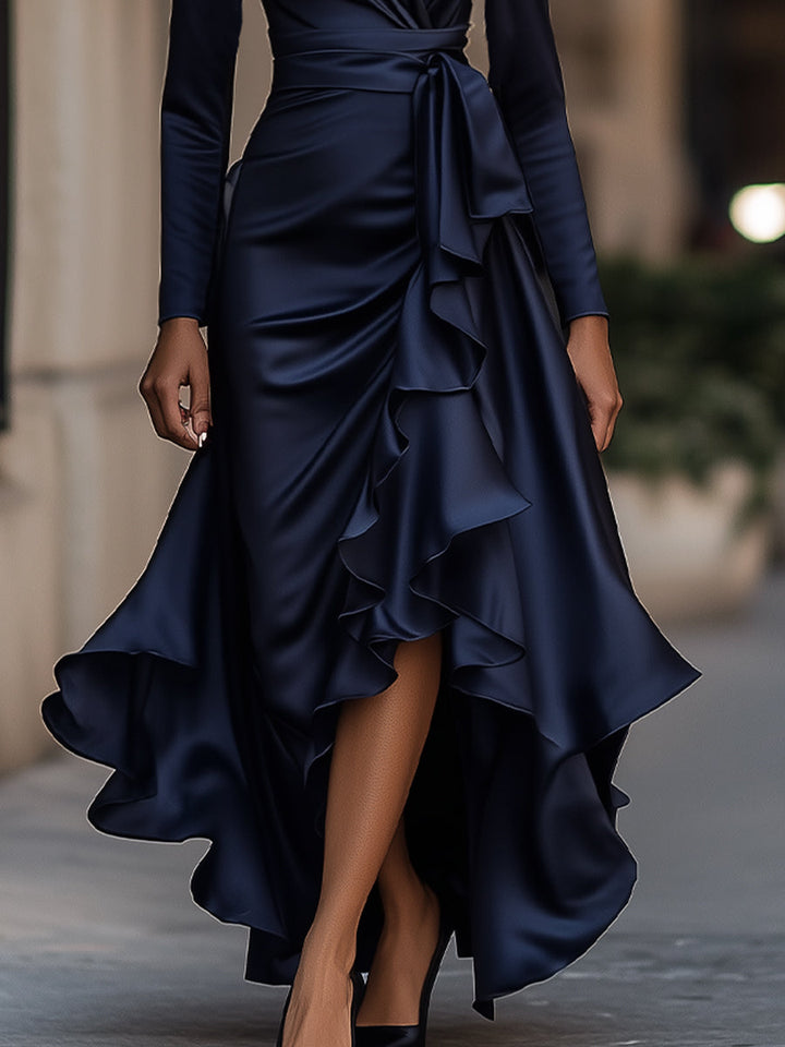Stylish women's pleated maxi dress with ruffle details, long sleeves & V-neck for elegant fashion.