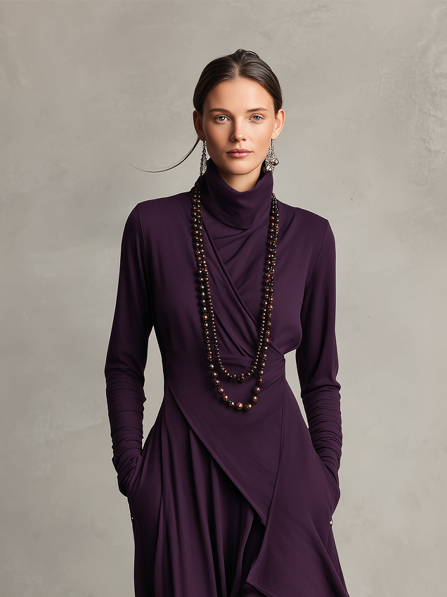 Comfortable long sleeve draped turtleneck dress for women, perfect for elegant casual winter style.