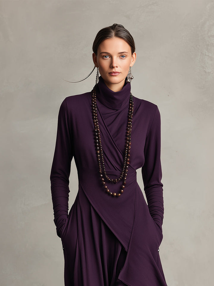 Comfortable long sleeve draped turtleneck dress for women, perfect for elegant casual winter style.