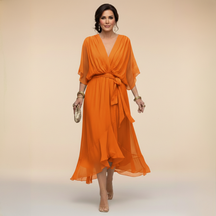 Chic V-neck women's midi dress featuring elegant flowy sleeves, perfect for special occasion style.