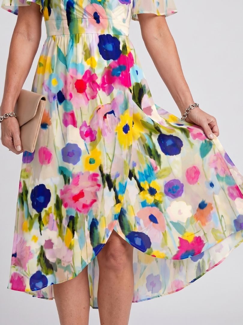 Chic women's floral print midi dress, delicate flutter sleeves, and a comfortable gathered waist design.