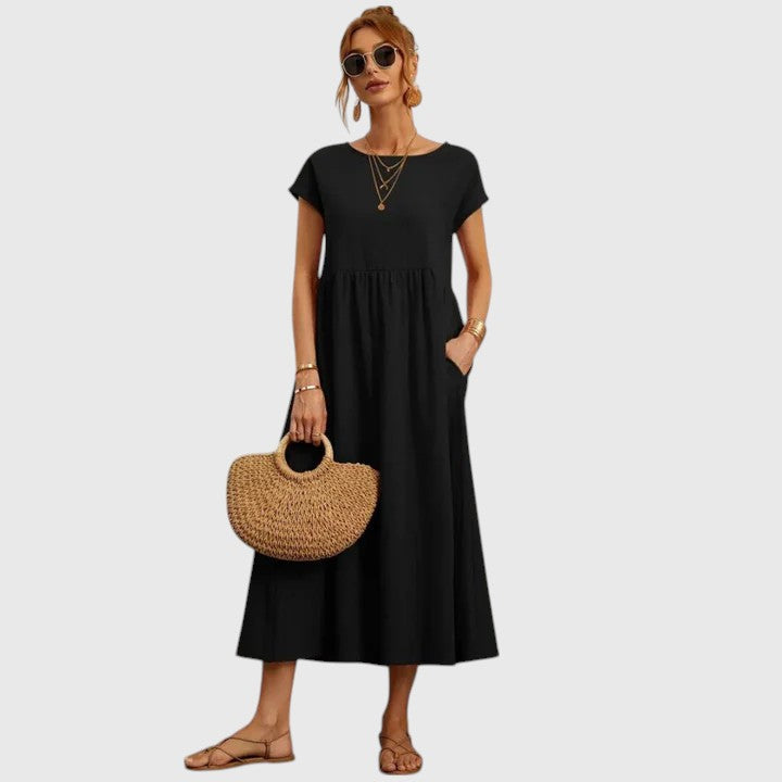 Casual summer women's midi dress, relaxed fit with short sleeves & round neck, ideal for warm weather.
