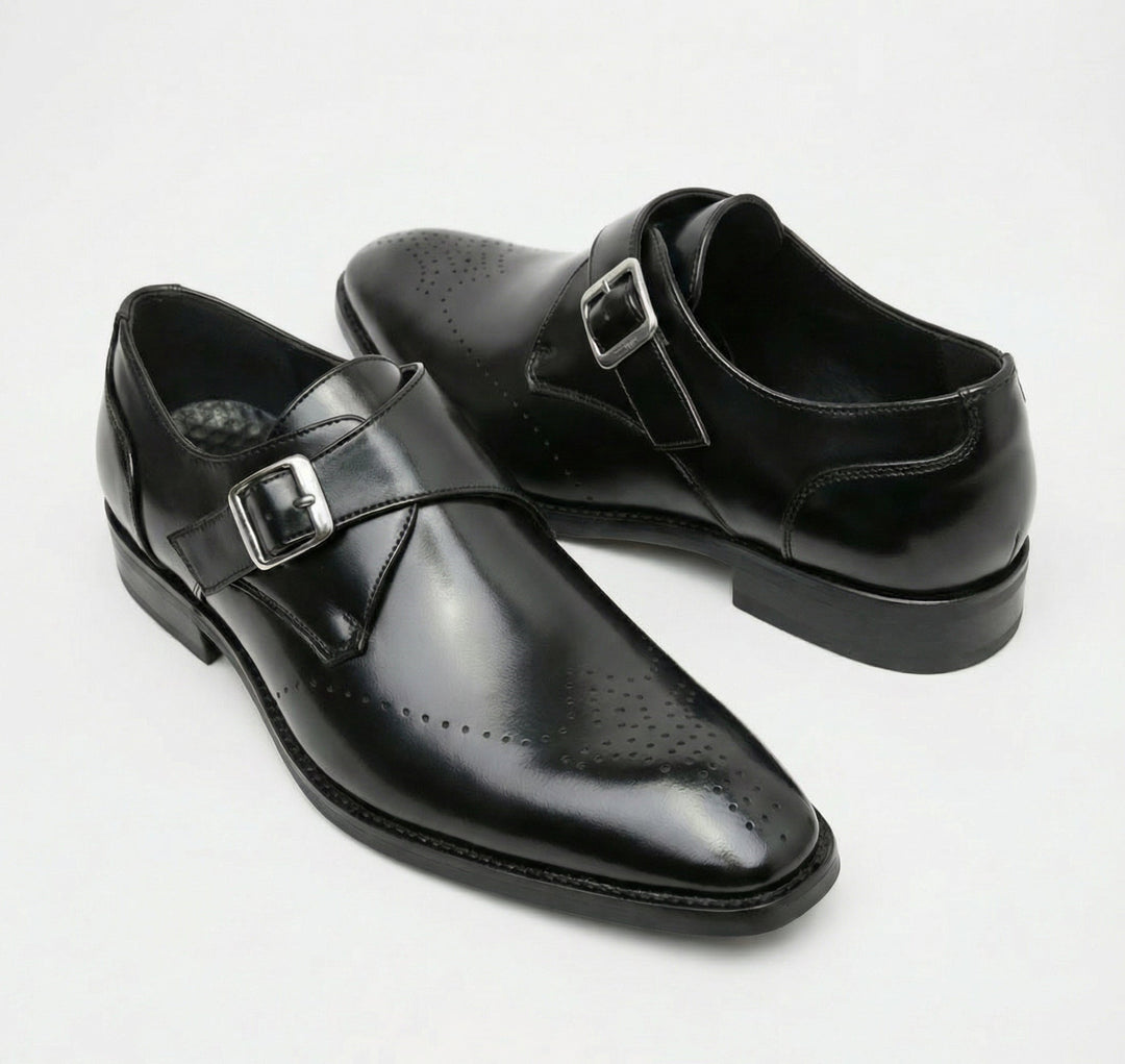 Black Italian leather loafers for men, classic fit, elegant formal slip-on dress shoes.